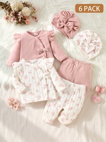 SHEIN 6pcs Newborn Baby Girls Top Pants Hat Set Cute Sweet Pink Floral Bow Ruffle Ribbed Long Sleeve V Neck Birthday Fall Holiday Chic - Multicolor - View 2