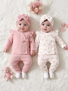 SHEIN 6pcs Newborn Baby Girls Top Pants Hat Set Cute Sweet Pink Floral Bow Ruffle Ribbed Long Sleeve V Neck Birthday Fall Holiday Chic - Multicolor - View 4