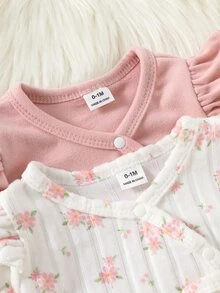 SHEIN 6pcs Newborn Baby Girls Top Pants Hat Set Cute Sweet Pink Floral Bow Ruffle Ribbed Long Sleeve V Neck Birthday Fall Holiday Chic - Multicolor - View 7