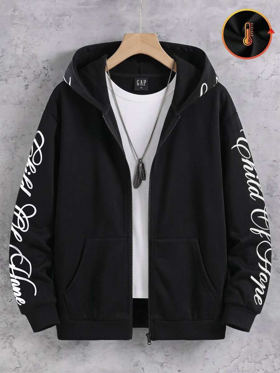 Teen Boy Pattern Print Hooded Zip-Up Sweatshirt, Sleeve Cursive Letter Graphic Kangaroo Pocket Loose Streetwear Sweatshirt Jacket For Fall Winter - Black - View 1