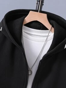 Teen Boy Pattern Print Hooded Zip-Up Sweatshirt, Sleeve Cursive Letter Graphic Kangaroo Pocket Loose Streetwear Sweatshirt Jacket For Fall Winter - Black - View 4