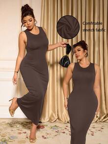 Cravure Plus Size Elegant Solid Color Sleeveless Fitted Dress, Suitable For Commuting - Brown - View 3