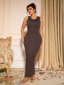 Cravure Plus Size Elegant Solid Color Sleeveless Fitted Dress, Suitable For Commuting - Brown - View 5