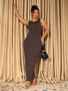 Cravure Plus Size Elegant Solid Color Sleeveless Fitted Dress, Suitable For Commuting - Brown - View 8