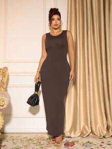 Cravure Plus Size Elegant Solid Color Sleeveless Fitted Dress, Suitable For Commuting - Brown - View 7