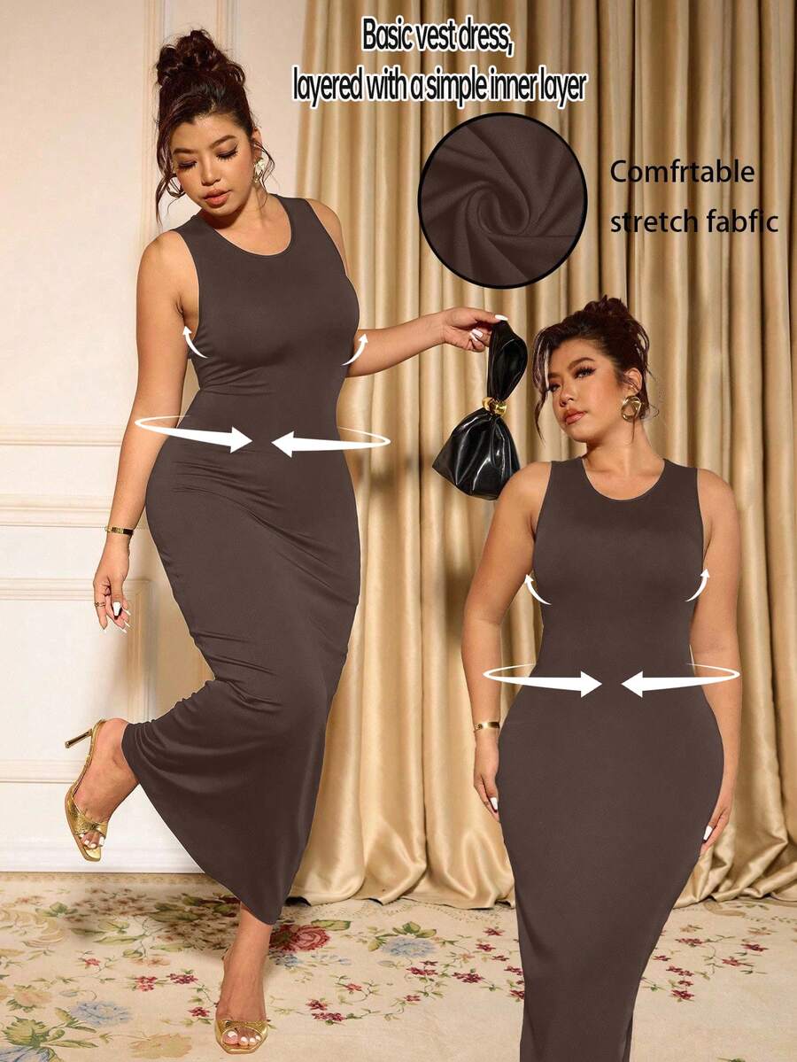 Cravure Plus Size Elegant Solid Color Sleeveless Fitted Dress, Suitable For Commuting - Brown - View 1