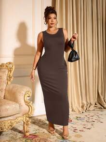 Cravure Plus Size Elegant Solid Color Sleeveless Fitted Dress, Suitable For Commuting - Brown - View 4