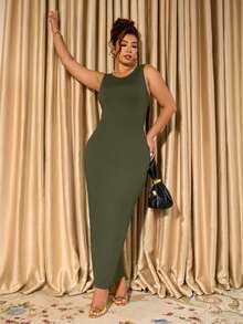 Cravure Plus Size Elegant Solid Color Sleeveless Fitted Dress, Summer - Army Green - View 7