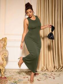 Cravure Plus Size Elegant Solid Color Sleeveless Fitted Dress, Summer - Army Green - View 8