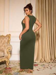Cravure Plus Size Elegant Solid Color Sleeveless Fitted Dress, Summer - Army Green - View 2