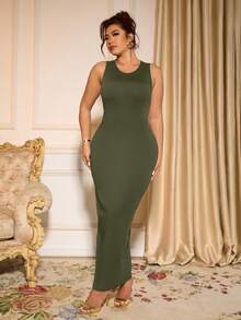 Cravure Plus Size Elegant Solid Color Sleeveless Fitted Dress, Summer - Army Green - View 6