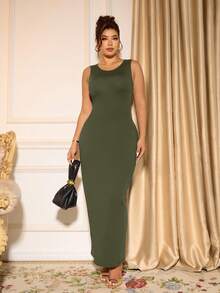 Cravure Plus Size Elegant Solid Color Sleeveless Fitted Dress, Summer - Army Green - View 4