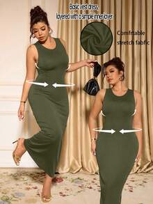 Cravure Plus Size Elegant Solid Color Sleeveless Fitted Dress, Summer - Army Green - View 1