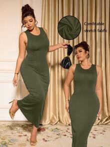 Cravure Plus Size Elegant Solid Color Sleeveless Fitted Dress, Summer - Army Green - View 3
