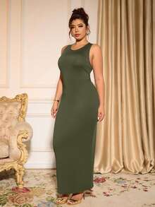 Cravure Plus Size Elegant Solid Color Sleeveless Fitted Dress, Summer - Army Green - View 5