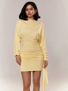 Aloruh 女士纯色荷叶边系带装饰时尚约会派对迷你连衣裙 - 黃色 - 查看 5
