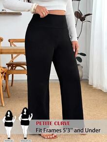 SHEIN PETITE CURVE Plus Size Women's Solid Color Casual Versatile Daily Wear Long Pants Autumn Brunch Vacation Black - Black - View 3