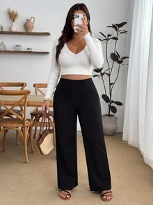 SHEIN PETITE CURVE Plus Size Women's Solid Color Casual Versatile Daily Wear Long Pants Autumn Brunch Vacation Black - Black - View 7