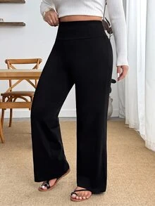 SHEIN PETITE CURVE Plus Size Women's Solid Color Casual Versatile Daily Wear Long Pants Autumn Brunch Vacation Black - Black - View 9