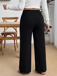 SHEIN PETITE CURVE Plus Size Women's Solid Color Casual Versatile Daily Wear Long Pants Autumn Brunch Vacation Black - Black - View 5