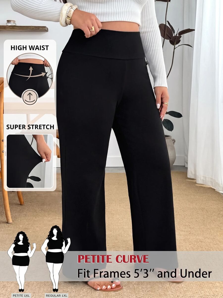 SHEIN PETITE CURVE Plus Size Women's Solid Color Casual Versatile Daily Wear Long Pants Autumn Brunch Vacation Black
