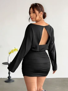 Firerie Plus Batwing Sleeve Ruched Bodycon Dress Date Night Girls Night Black Autumn Sexy Elegant Fall - Black - View 9