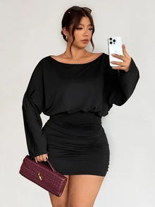 Firerie Plus Batwing Sleeve Ruched Bodycon Dress Date Night Girls Night Black Autumn Sexy Elegant Fall - Black - View 8