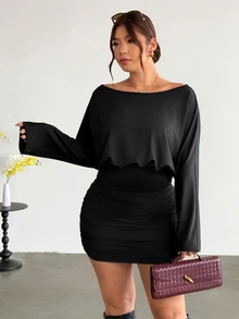 Firerie Plus Batwing Sleeve Ruched Bodycon Dress Date Night Girls Night Black Autumn Sexy Elegant Fall - Black - View 5