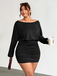 Firerie Plus Batwing Sleeve Ruched Bodycon Dress Date Night Girls Night Black Autumn Sexy Elegant Fall - Black - View 3
