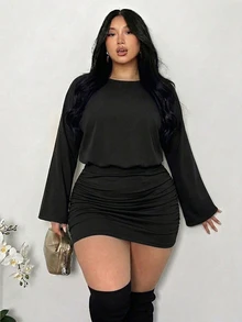 Firerie Plus Batwing Sleeve Ruched Bodycon Dress Date Night Girls Night Black Autumn Sexy Elegant Fall - Black - View 10