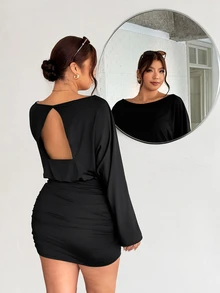 Firerie Plus Batwing Sleeve Ruched Bodycon Dress Date Night Girls Night Black Autumn Sexy Elegant Fall - Black - View 4