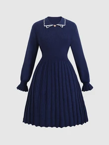 Tween Girl Contrast Trim Flounce Sleeve Sweater Dress - Navy Blue - View 3