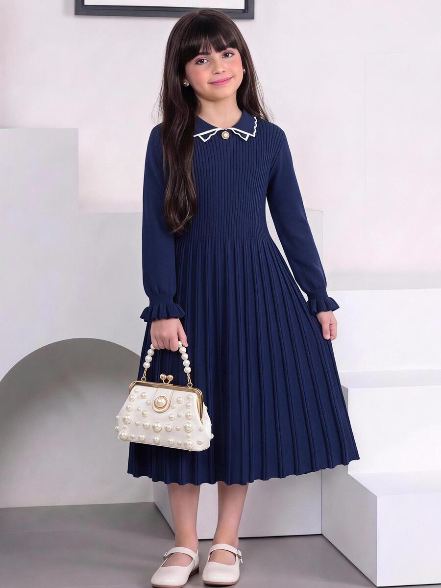 Tween Girl Contrast Trim Flounce Sleeve Sweater Dress - Navy Blue - View 1