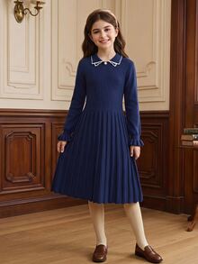 Tween Girl Contrast Trim Flounce Sleeve Sweater Dress - Navy Blue - View 2
