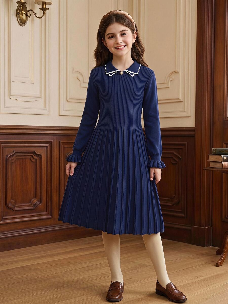 Tween Girl Contrast Trim Flounce Sleeve Sweater Dress - Navy Blue - View 1