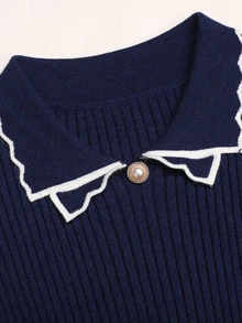 Tween Girl Contrast Trim Flounce Sleeve Sweater Dress - Navy Blue - View 4
