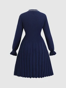 Tween Girl Contrast Trim Flounce Sleeve Sweater Dress - Navy Blue - View 9