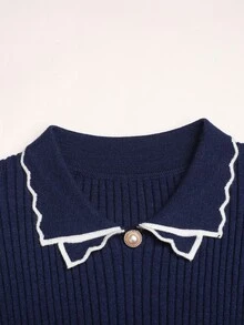 Tween Girl Contrast Trim Flounce Sleeve Sweater Dress - Navy Blue - View 5