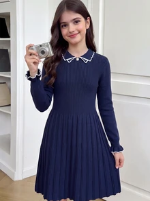 Tween Girl Contrast Trim Flounce Sleeve Sweater Dress - Navy Blue - View 8