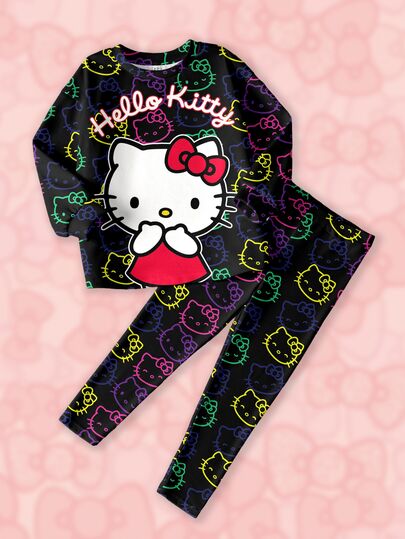 HELLO KITTY AND FRIENDS | SHEIN Conjunto de sudadera de manga larga y pantalones con estampado de dibujos animados lindos para niña