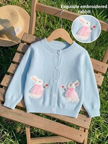 SHEIN Cute Bunny Pattern Cardigan For Baby Girls, Perfect For Autumn And Winter, Adorable And Stylish.Cardigan,Long Sleeve - Red - View 5