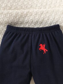 SHEIN 新生兒春秋針織素色馬圖案上衣休閒基礎款男嬰套裝 - 藏蓝色 - 查看 6