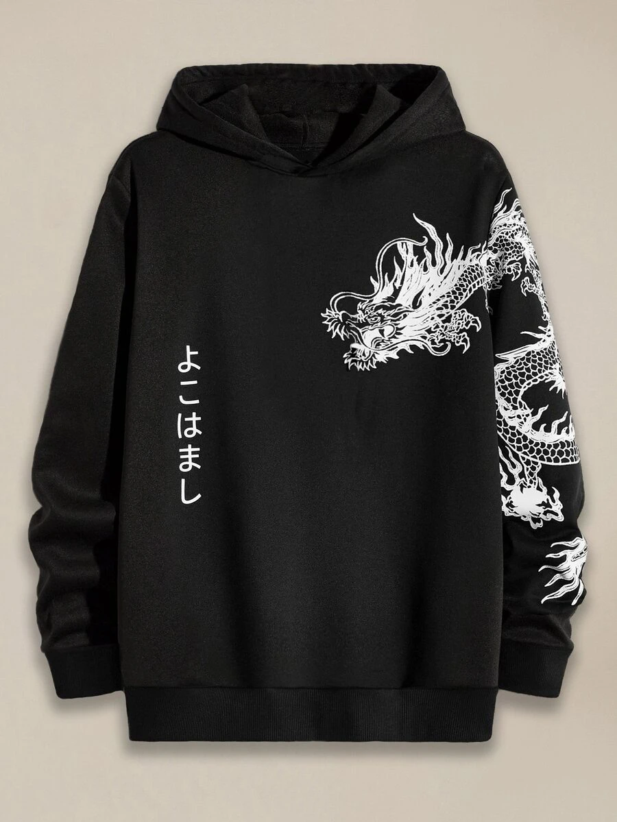 EASEVO Men's Plus Size Dragon Print Hoodie Autumn Winter Halloween Halloween Winter Party Autumn - Black - View 1