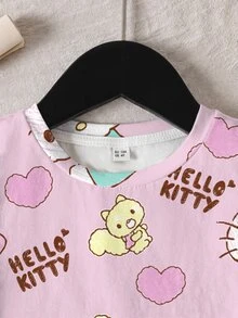 HELLO KITTY AND FRIENDS | SHEIN تي شيرت قصير الأكمام بطبعة شاملة وياقة دائرية للفتيات الصغيرات، كاجوال متعدد الاستخدامات للارتداء اليومي - أبيض - مشاهدة 3
