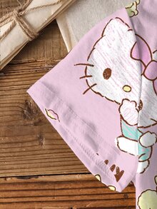 HELLO KITTY AND FRIENDS | SHEIN تي شيرت قصير الأكمام بطبعة شاملة وياقة دائرية للفتيات الصغيرات، كاجوال متعدد الاستخدامات للارتداء اليومي - أبيض - مشاهدة 6