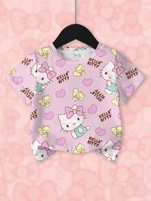 HELLO KITTY AND FRIENDS | SHEIN تي شيرت قصير الأكمام بطبعة شاملة وياقة دائرية للفتيات الصغيرات، كاجوال متعدد الاستخدامات للارتداء اليومي - أبيض - مشاهدة 1