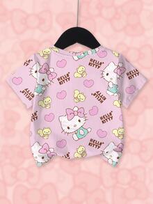 HELLO KITTY AND FRIENDS | SHEIN تي شيرت قصير الأكمام بطبعة شاملة وياقة دائرية للفتيات الصغيرات، كاجوال متعدد الاستخدامات للارتداء اليومي - أبيض - مشاهدة 2