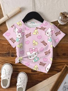 HELLO KITTY AND FRIENDS | SHEIN تي شيرت قصير الأكمام بطبعة شاملة وياقة دائرية للفتيات الصغيرات، كاجوال متعدد الاستخدامات للارتداء اليومي - أبيض - مشاهدة 7