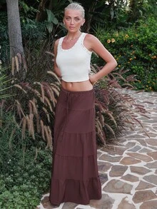 Summer Sherwood Minimalist Elastic Waist Loose Cake Skirt - Coffee Brown - View 4