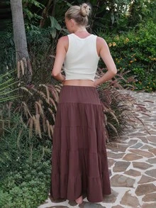 Summer Sherwood Minimalist Elastic Waist Loose Cake Skirt - Coffee Brown - View 2